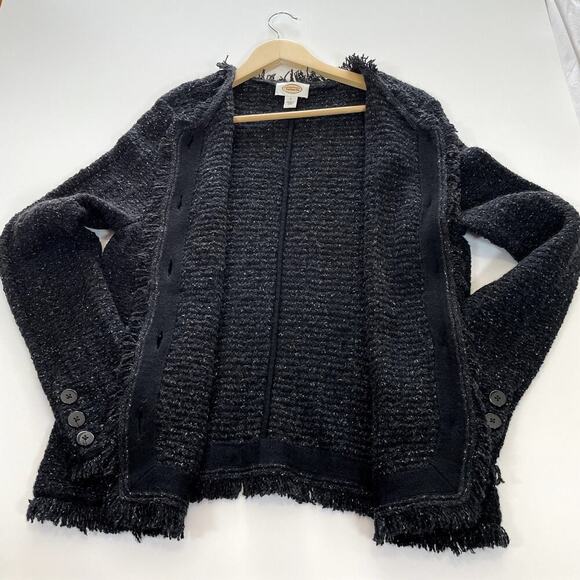 TALBOTS Womens LG Charcoal Wool/Alpaca Blend Button Front Fringe Cardigan Dark - Picture 8 of 8